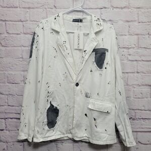 NEW Giovanco Men's Casual Lapel Jacket‎ Size M White Splatter Raw Hem Streetwear